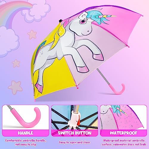 Kids Umbrella, Windproof Auto Open Stick Umbrellas for Rain Toddler A-Unicorn - Picture 4 of 8