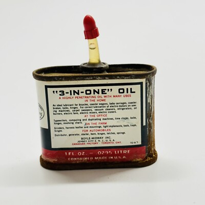1950s VINTAGE 3-IN-ONE OIL CAN USA MADE 1 FL OZ BOYLE MIDWAY METAL