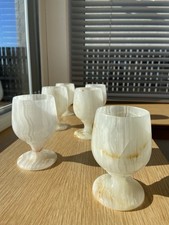 Vintage White Onyx Stone Goblets Set of 6 Hand Carved Marble Wine Cups - VGC