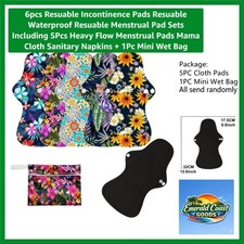 Stylish 6pc Reusable Menstrual Pad Set with Waterproof Storage Bag included