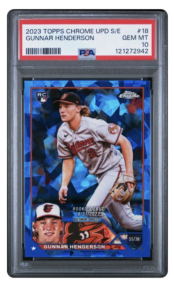 2023 Topps Chrome Update Sapphire Edition Gunnar Henderson PSA 10 #18 Orioles view 1