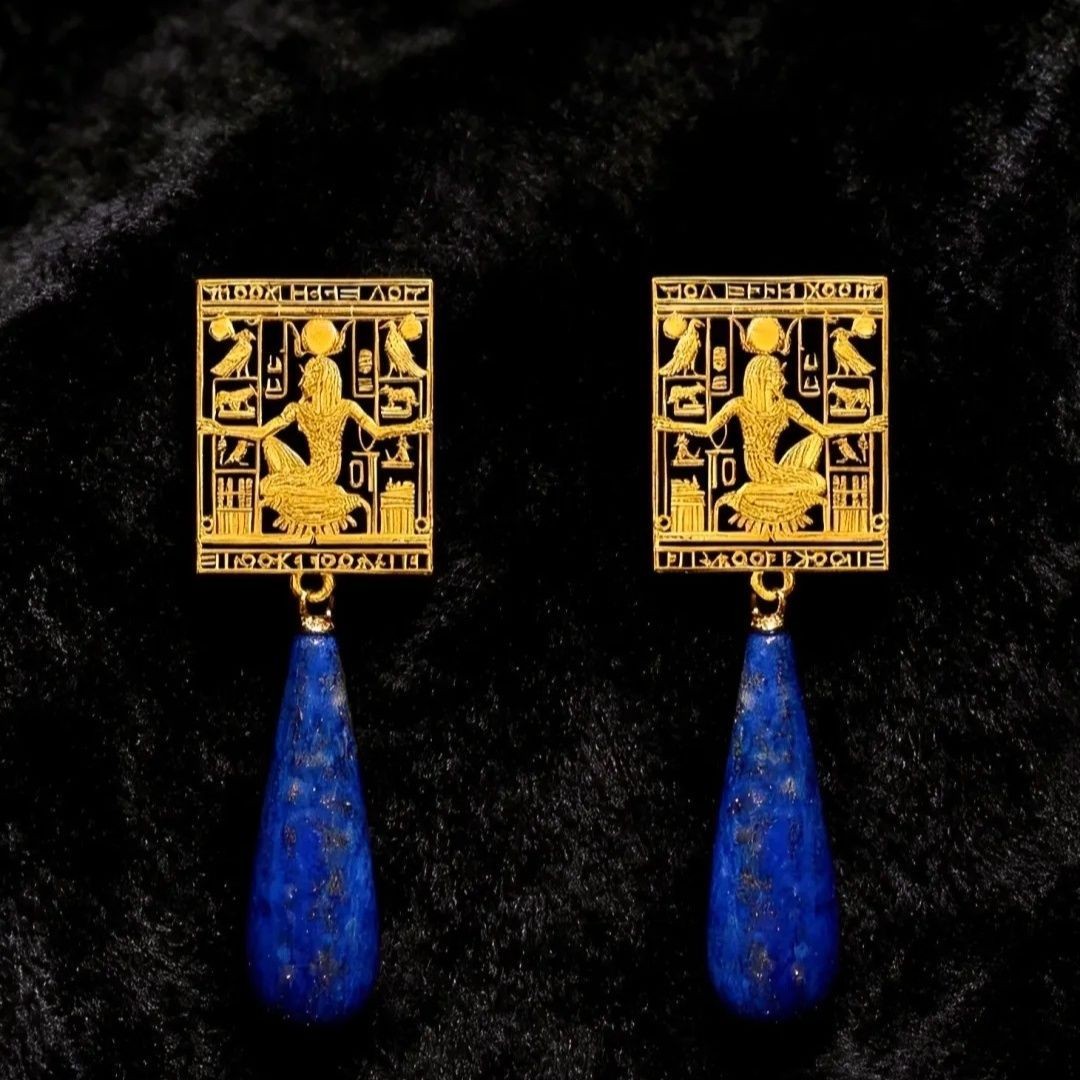 Vintage Egyptian Carved Lapis Lazuli Drop Earrings Luxury Pair