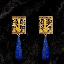 Vintage Egyptian Carved Lapis Lazuli Drop Earrings Luxury Pair