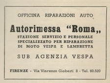 Pubblicita' Vintage Originale anni 50: Autorimessa Roma, Agenzia Vespa, Firenze