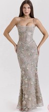 House Of CB Naima Silver Sequin Beaded Floral Corset Dress Size L 12 14 £229