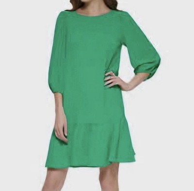 DKNY Green Textured Puff Sleeve Ruffle Hem Shift Dress Size 10 NWT!