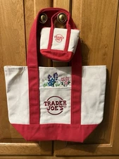 Trader Joes Mini Canvas Tote Bag Red Customized Floral Design Pocket Lot + Micro