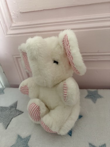 Peluche doudou éléphant blanc vintage oreilles et pattes rayées roses - Picture 4 of 9