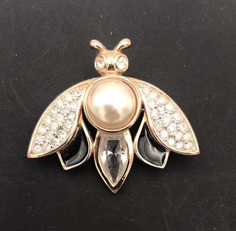 Daniel Swarovski Winged Bee Brooch Gold Tone enamel Faux Pearl