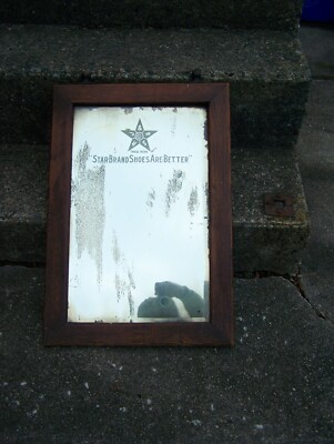 VINTAGE ADVERTISING STAR BRAND SHOES OAK FRAME BEVELED MIRROR CAST IRON FINIALS