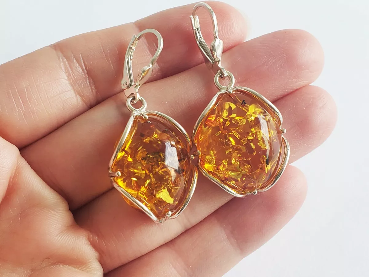 AUTHENTIC AMBER EARRINGS BALTIC GENUINE AMBER 925 Sterling Silver