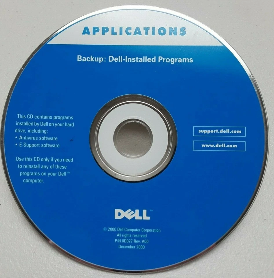 Dell backup: for Dell-installed programs  P/N 0D027 Rev. A00  Dec. 2000 ~ CD-ROM - Image 2 of 3