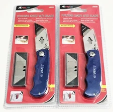 2 ATE PRO LOCK BACK FOLDING UTILITY KNIVES PLUS 12 BLADES RAZOR KNIFE BLUE 93201