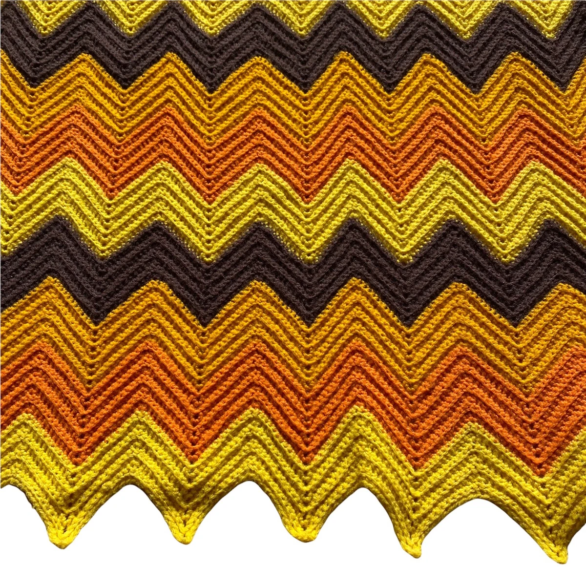 Handmade Chevron Crochet Blanket Throw Brown Orange Yellow 74x42 70s Style