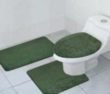 Kashi-Home Hailey 3 Piece Bath Rug Set Tub, Contour, Lid, Olive Non-Slip Backing