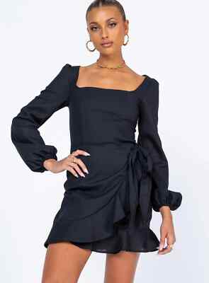 Princess Polly The Villa Mini Dress Balloon Long Sleeves Faux Wrap Black Size 8