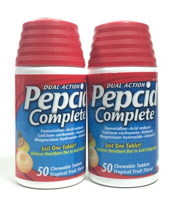PEPCID COMPLETE 2 X 50 (100) * TROPICAL FRUIT FLAVOR * CHEWABLE TABLETS EX 7/27+