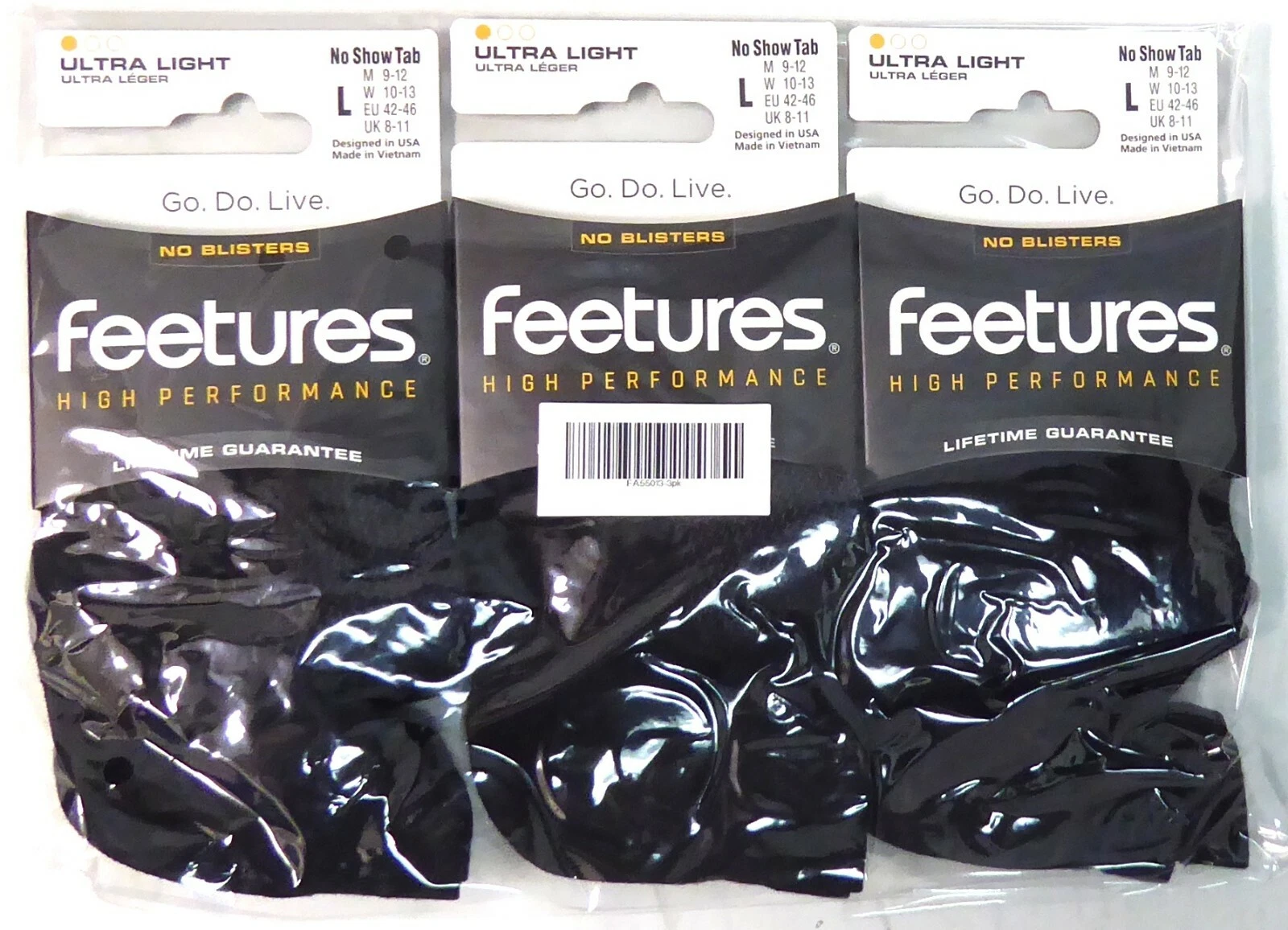 3 Pairs Feetures High Performance Ultra Light Socks No Show Tab Large Black