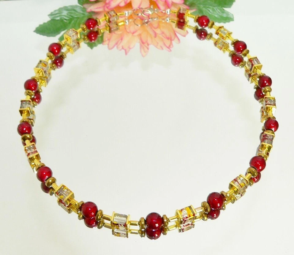 Halskette Würfelkette Modeschmuck rot dunkelrot Glas Perlen Hämatit gold 495b - Bild 3 von 4