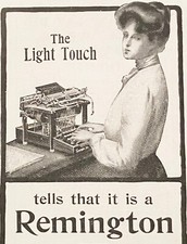 Antique REMINGTON Typewriter The Light Touch 1903 Print Ad w/ Pretty Girl Typing thumbnail