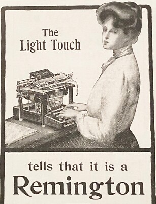 Antique REMINGTON Typewriter The Light Touch 1903 Print Ad w/ Pretty Girl Typing