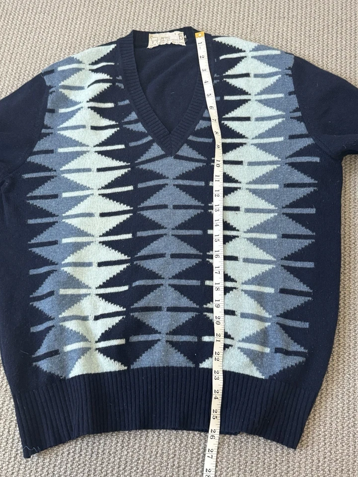 Vintage Men’s 1980s Paul Fourticq Blue Sweater Large Geometric Pattern - Image 4 of 4