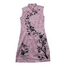 Women’s Pink Cheongsam Qipao Dress Floral Embroidered Mandarin Collar Size XS