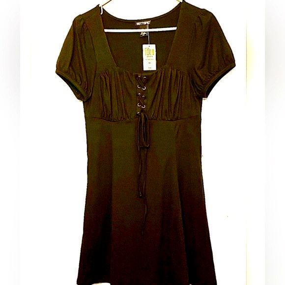Hot Topic Womens Black Empire Dress Med Lace-Up Short Sleeve NWT