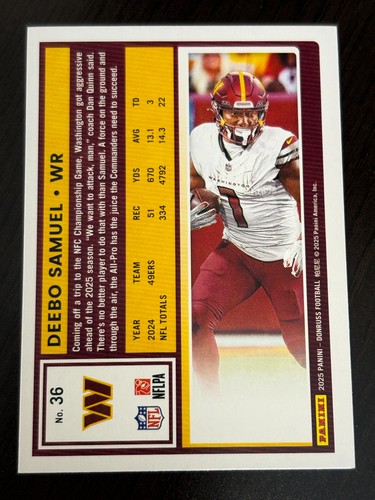 2025 Donruss Football Deebo Samuel Press Proof Purple - Commanders - Picture 2 of 2