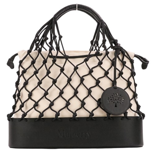 Mulberry Large Basket Macrame Tote Bag Handbag Black Off-White Women USED