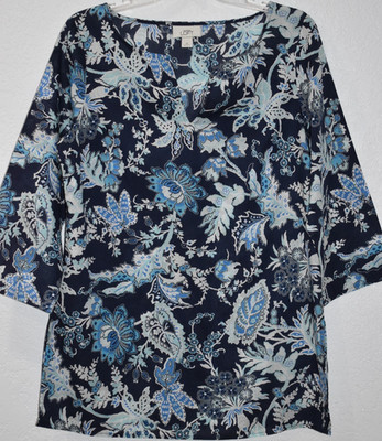 Ann Taylor Loft M Blue Floral V-Neck Top 3/4 Slv Coastal Beachy Lightweight