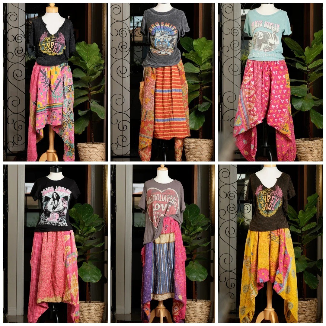 5 Pcs Vintage Kantha Handmade Wide Leg Hippie Boho Gypsy Alibaba Pants Trouser image 2