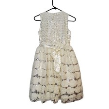 Special Editions Ivory Sequin  Lace Girls Dress Size 16 Sleeveless Satin Bow Ac