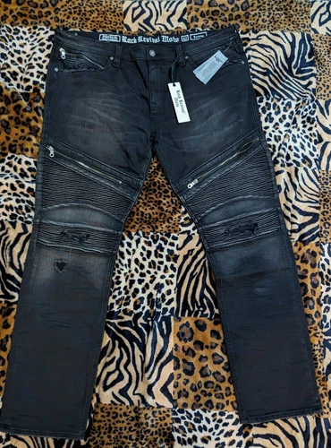 new ROCK REVIVAL Black MOTO DAVIDAY Distressed DESTROYED Jeans Mens 42x32 #784