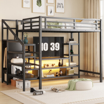 Heavy Duty Metal Loft Bed with TV Cabinet Stairs & Wardrobe Full LED Bed Frames