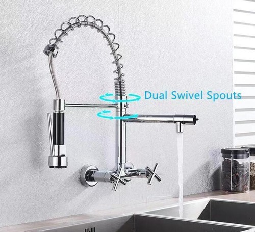 Silver Swivel Spout Spring Pull Down Spray Sink Mixer Tap Faucet Wall Mounted