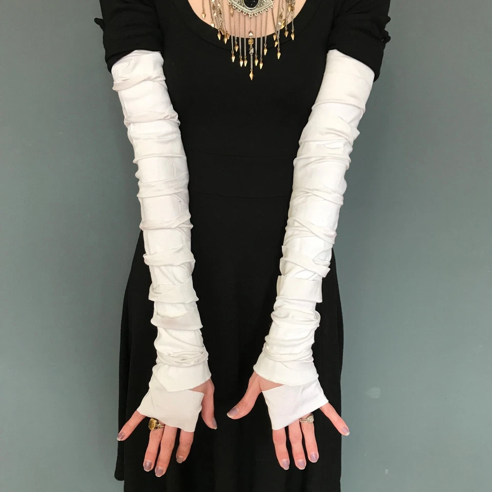 Cut Out Gloves White Arm Warmers Striped Bride Arm Sleeves Lace Up Mummy Costume - Image 2 of 4