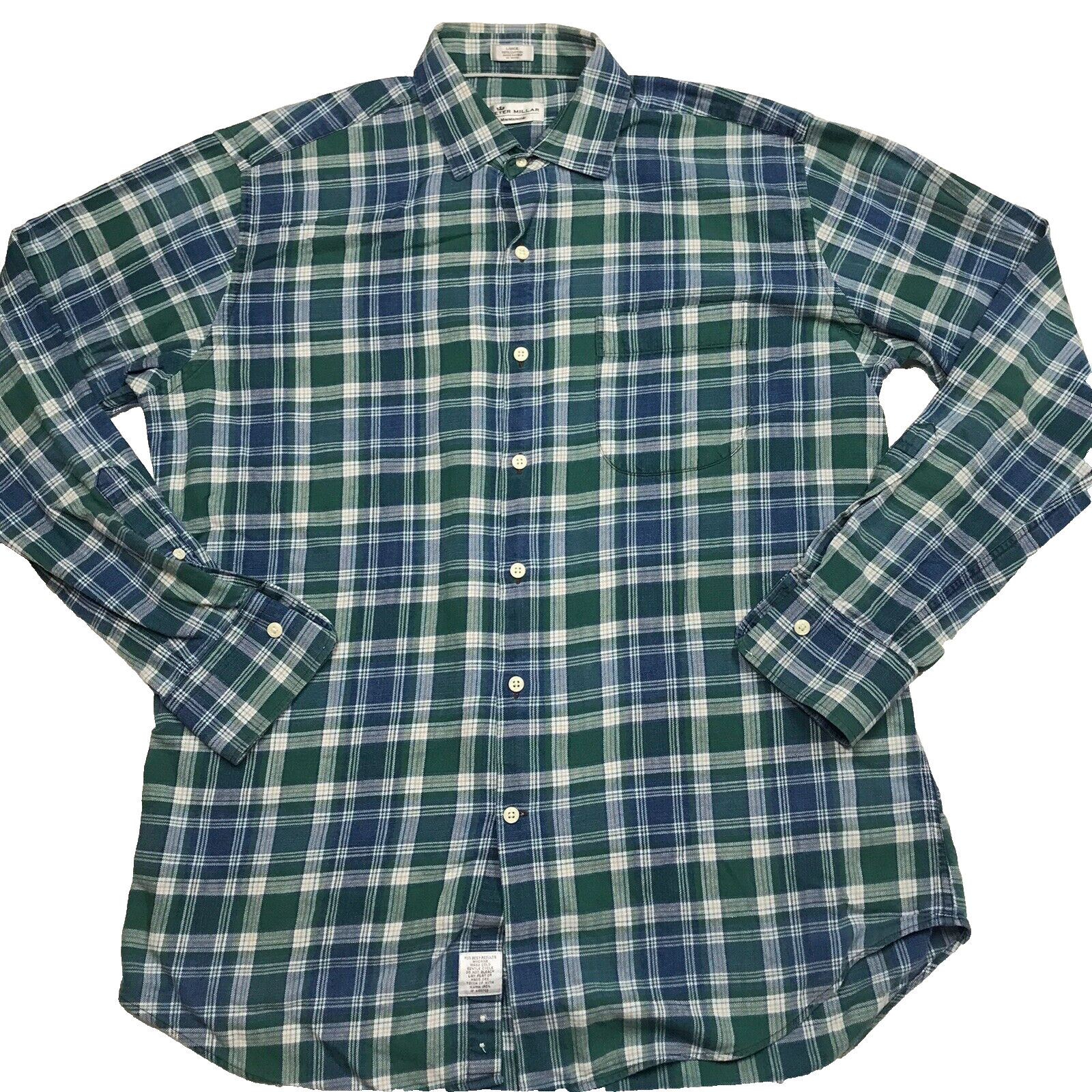 PETER MILLAR Mountainside Flannel Shirt Men L Green Blue Tartan Plaid Gorp Prepp