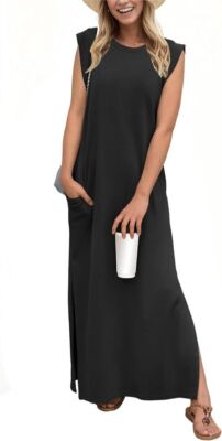 GRECERELLE 2025 Women Summer Round Neck Casual Loose Split Wrinkle-Free Long Max