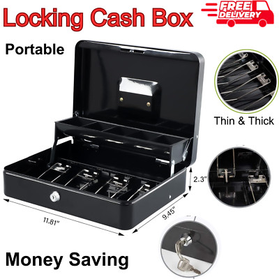 Cash Box with Lock Key and Money Tray Large Money Box for Cash Metal Lock Box