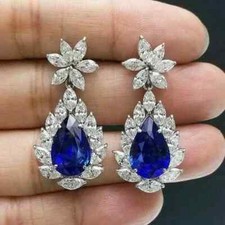 6Ct Pear Lab-Created Sapphire Women's Drop Dangle Earring 14K White Gold Plated