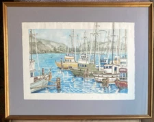 RARE Vintage Original Watercolor Painting Signed Janis Wallin Boats In Harbor