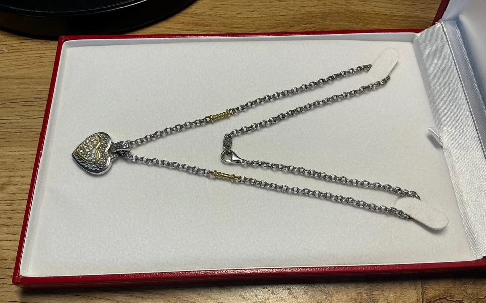 Genuino Collar Colgante Judith Ripka 16” Oro 18k y 925 SS Grueso Corazón Diamante Foto 4 de 4