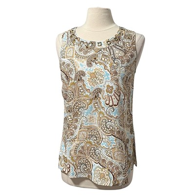 David Brooks Studded Sleeveless Paisley Linen Blend Tunic Top Size Small NWOT