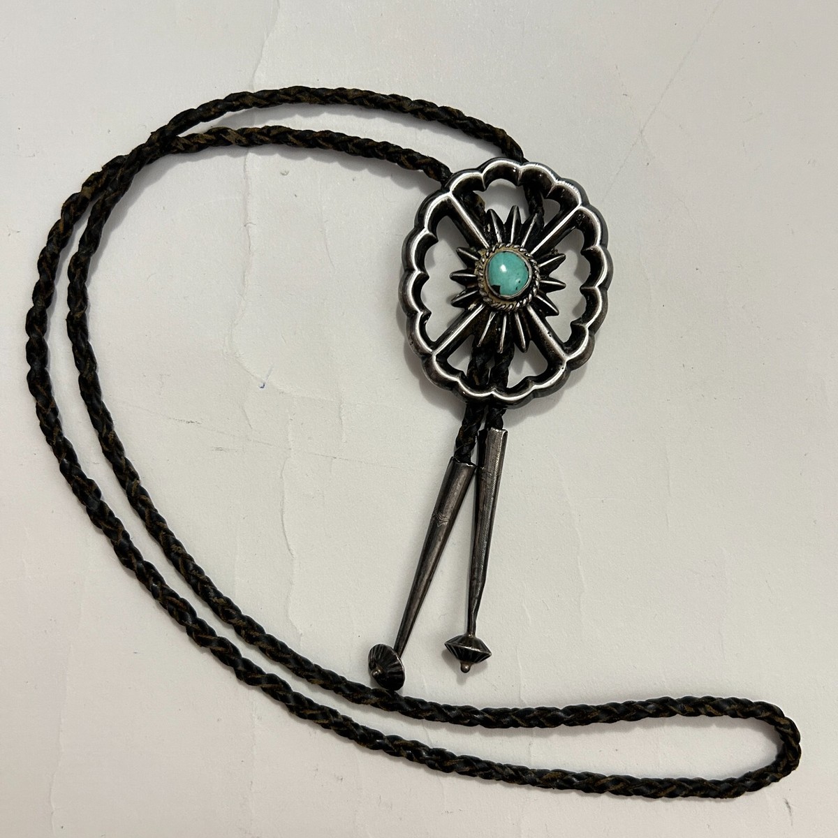 Vintage Navajo Signed BENNETT PAT PEND Sun Pendant Turquoise Bolo 