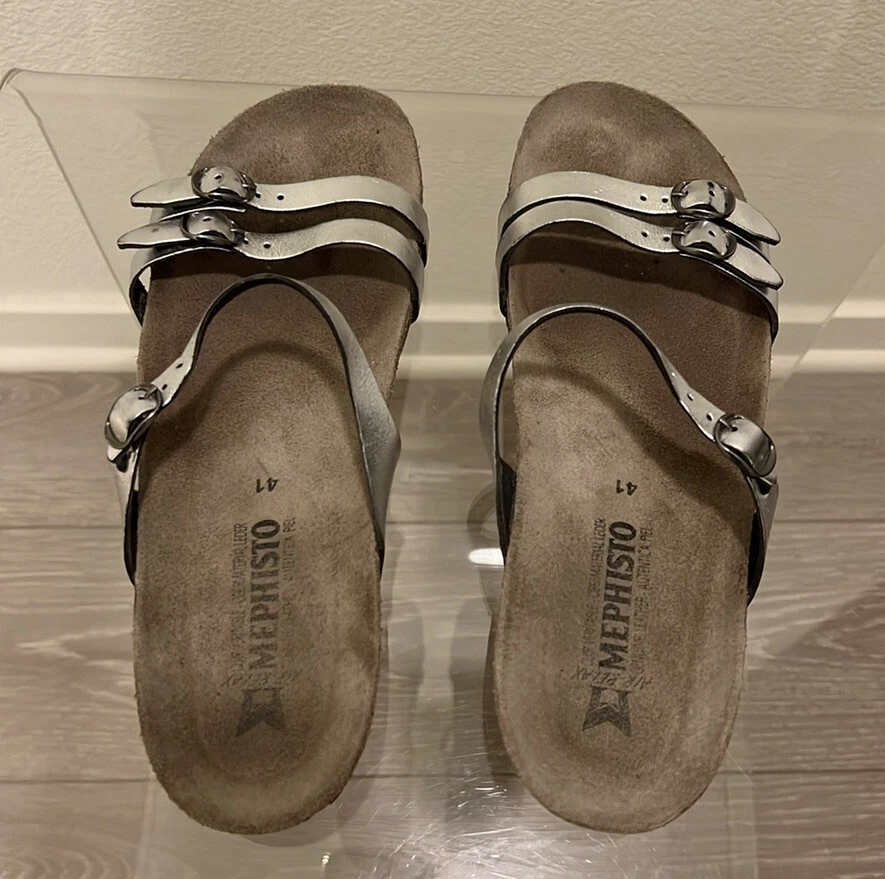 Mephisto Silver Leather Slide Sandals