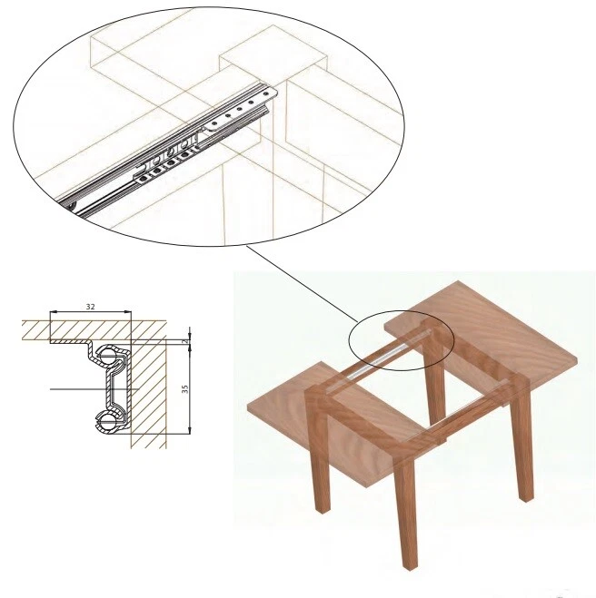 Guide Allungabili in Acciaio per Tavoli con Apertura Centrale Da mm 750-900-1100 - Immagine 2 di 3