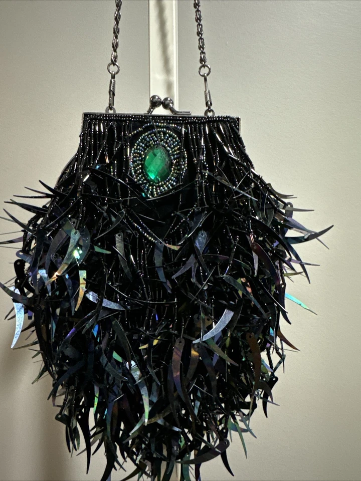 Bolso de Noche Chicos Vintage Negro Iridiscente Cartera de Hombro con Cadena - Usado en Excelente Condición