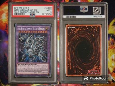 yugioh gold sarcophagus tin cards Yugioh 2019 Gold Sarcophagus Tin BLUE EYES ALTERNATIVE ULTIMATE DRAGON PSA  Mt 9