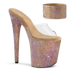 PLEASER 8" Heel Rose Gold Rhinestones Platform Ankle Cuff Women Slide Sandals